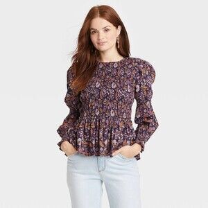 Universal Thread Boho Purple Smocked Puff Sleeve Floral Peplum Blouse M
